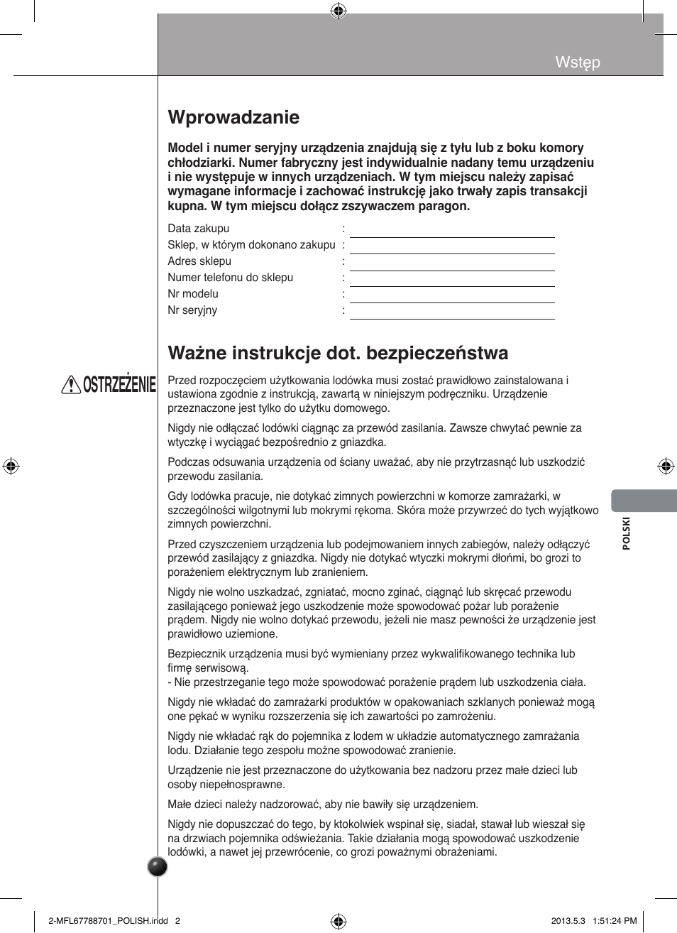 Ostrzeżenie, Wprowadzanie, Ważne instrukcje dot. bezpieczeństwa | Wstęp | LG GSL545NSQV User Manual | Page 171 / 324