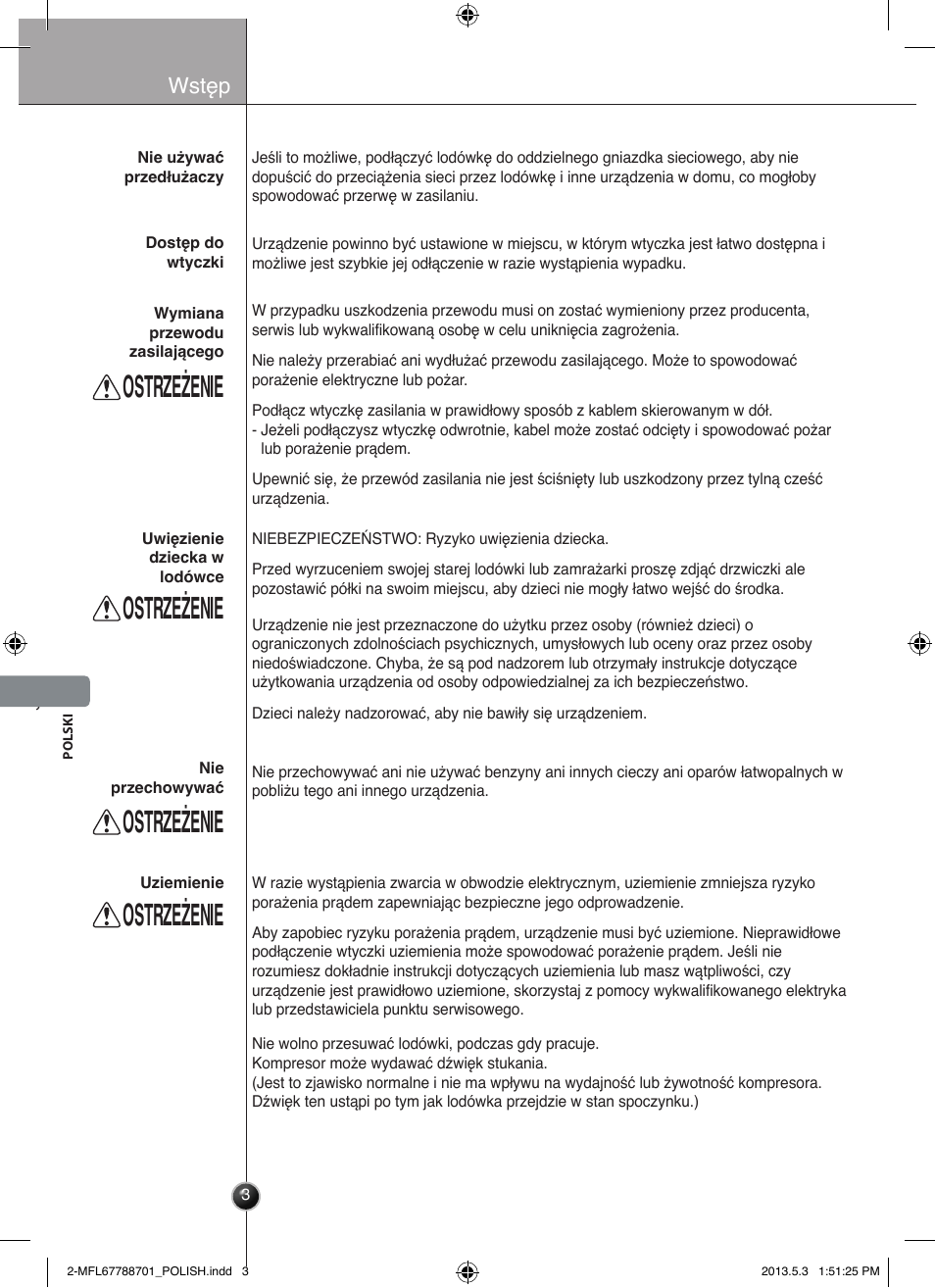 Ostrzeżenie, Wstęp | LG GSL545NSQV User Manual | Page 172 / 324