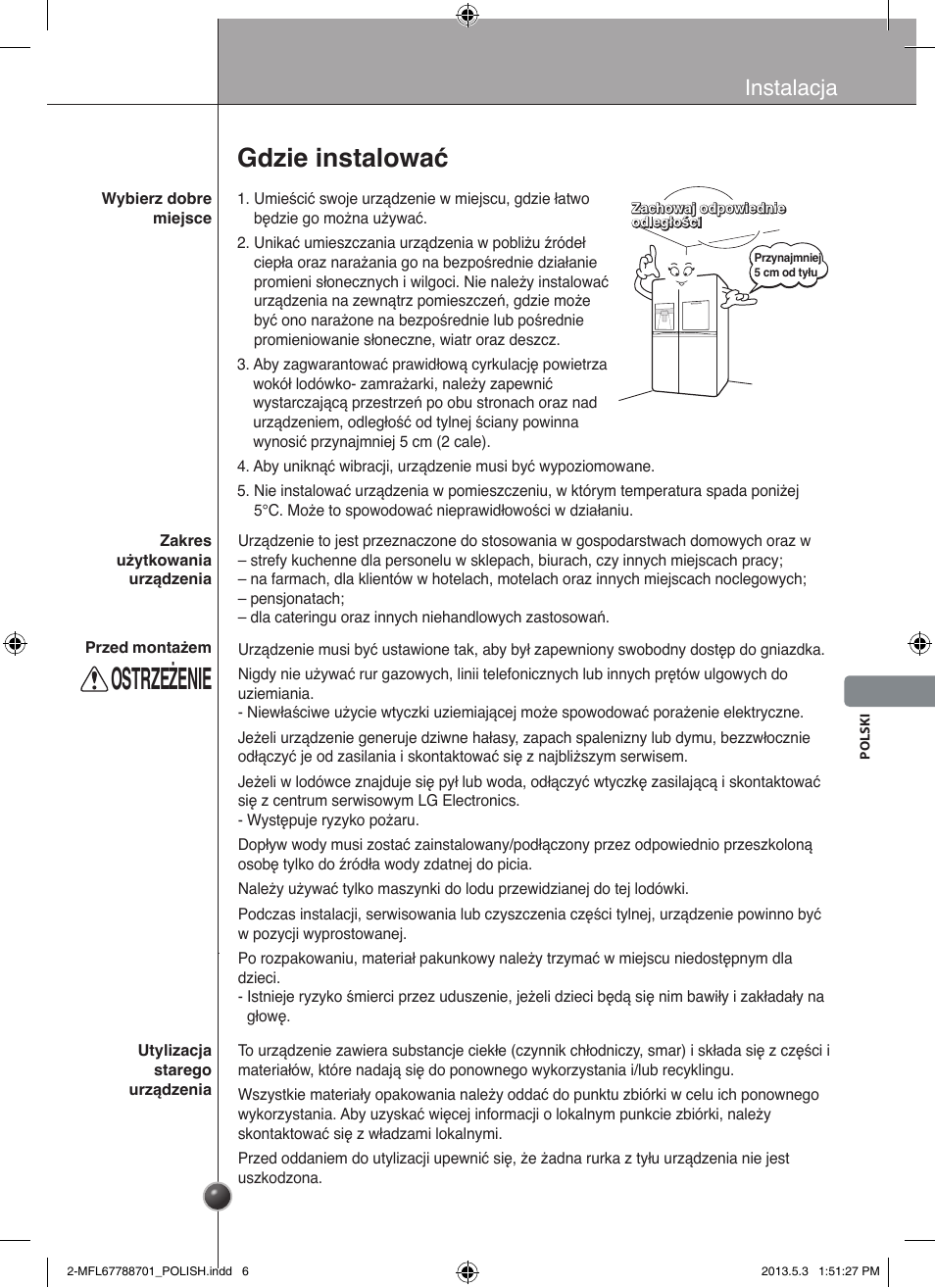 Ostrzeżenie, Gdzie instalować, Instalacja | LG GSL545NSQV User Manual | Page 175 / 324