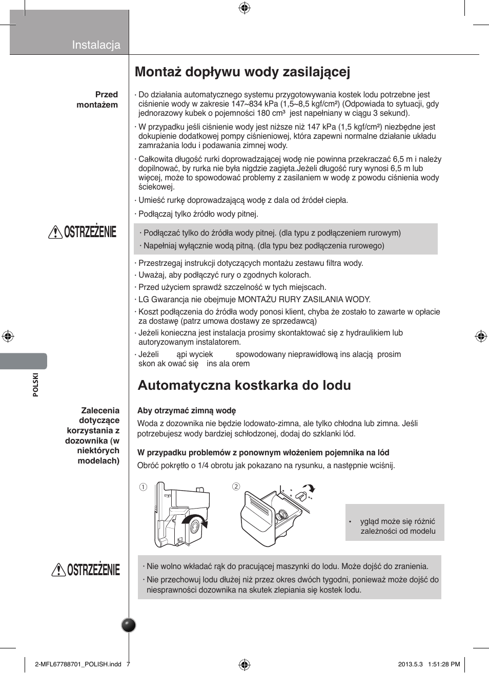Ostrzeżenie, Montaż dopływu wody zasilającej, Automatyczna kostkarka do lodu | Instalacja | LG GSL545NSQV User Manual | Page 176 / 324
