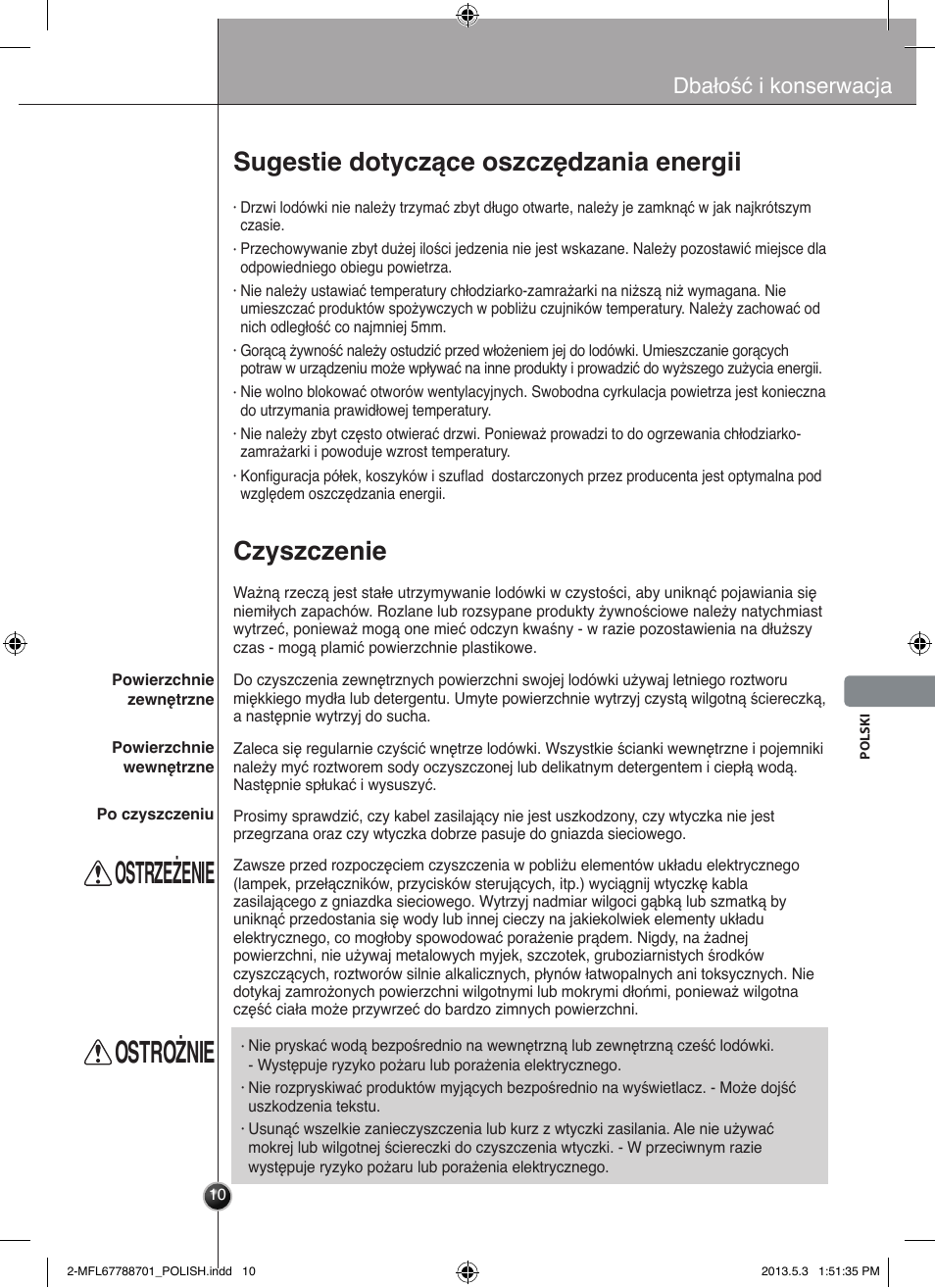Ostrzeżenie, Ostrożnie, Czyszczenie | Sugestie dotyczące oszczędzania energii, Dbałość i konserwacja | LG GSL545NSQV User Manual | Page 179 / 324