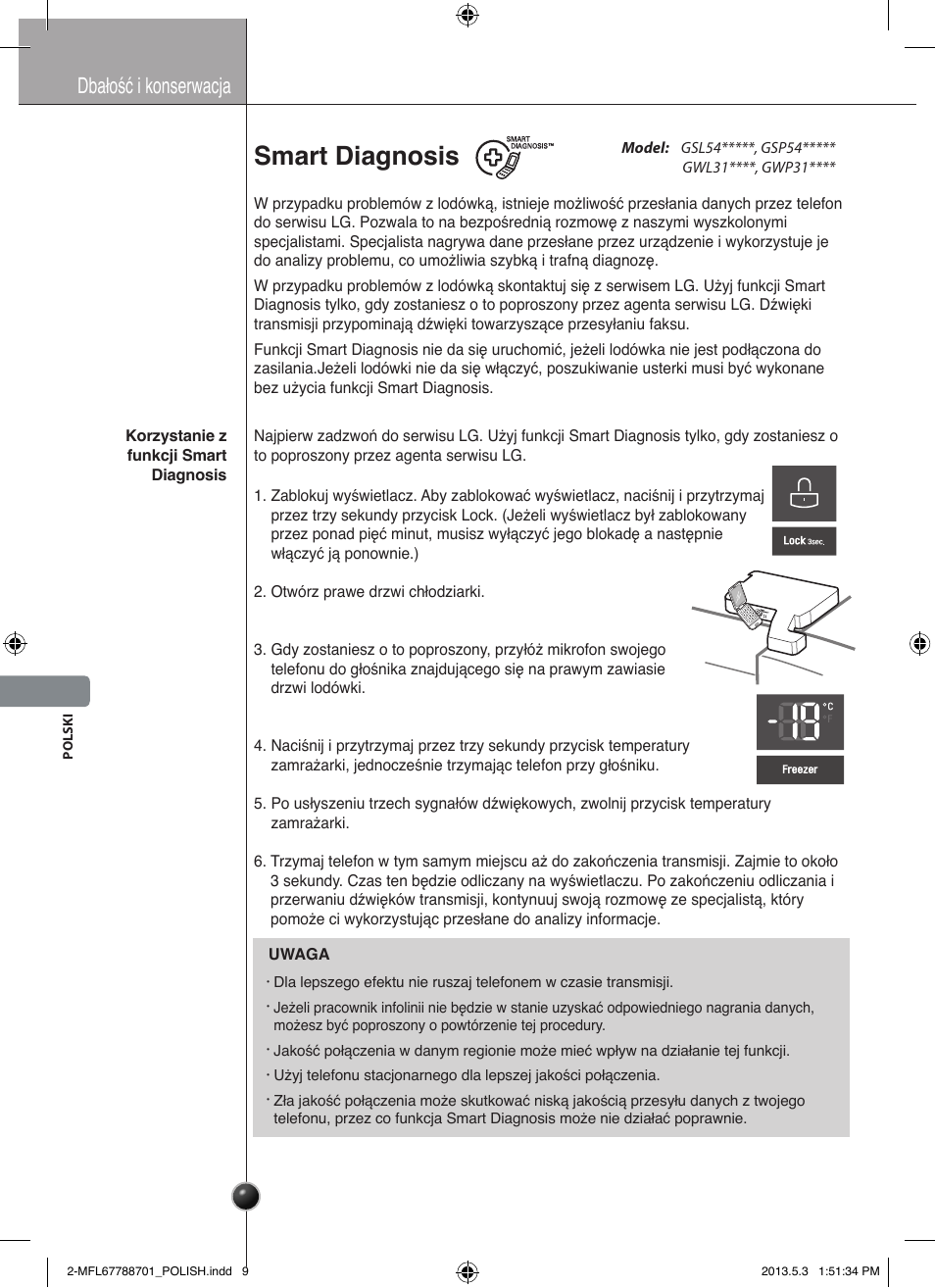 Ostrożnie, Smart diagnosis, Dbałość i konserwacja | LG GSL545NSQV User Manual | Page 180 / 324