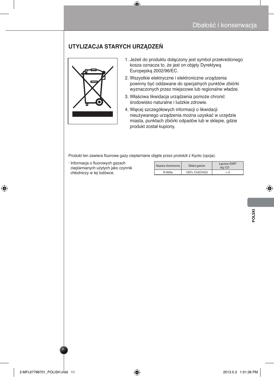 Dbałość i konserwacja, Utylizacja starych urządzeń | LG GSL545NSQV User Manual | Page 181 / 324