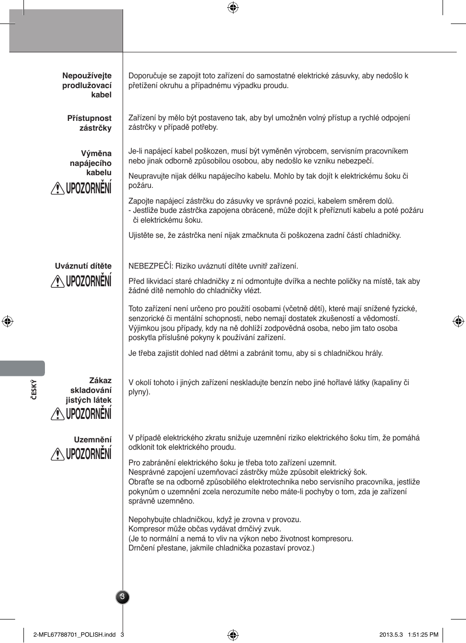 Ostrzeżenie, Upozornění, Úvod | LG GSL545NSQV User Manual | Page 186 / 324
