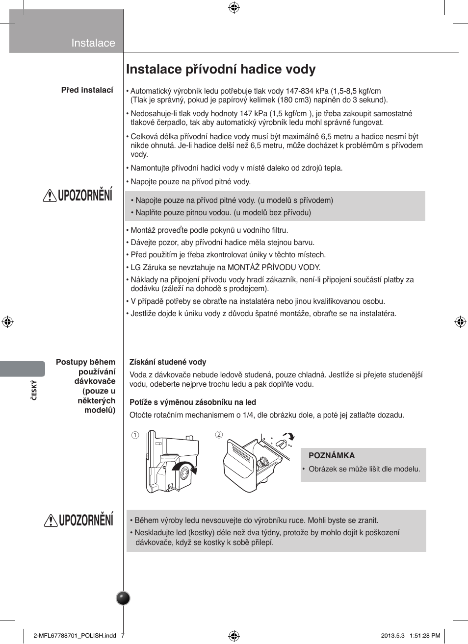 Upozornění varování, Upozornění, Instalace přívodní hadice vody | Automatický výrobník ledu, Instalace | LG GSL545NSQV User Manual | Page 190 / 324