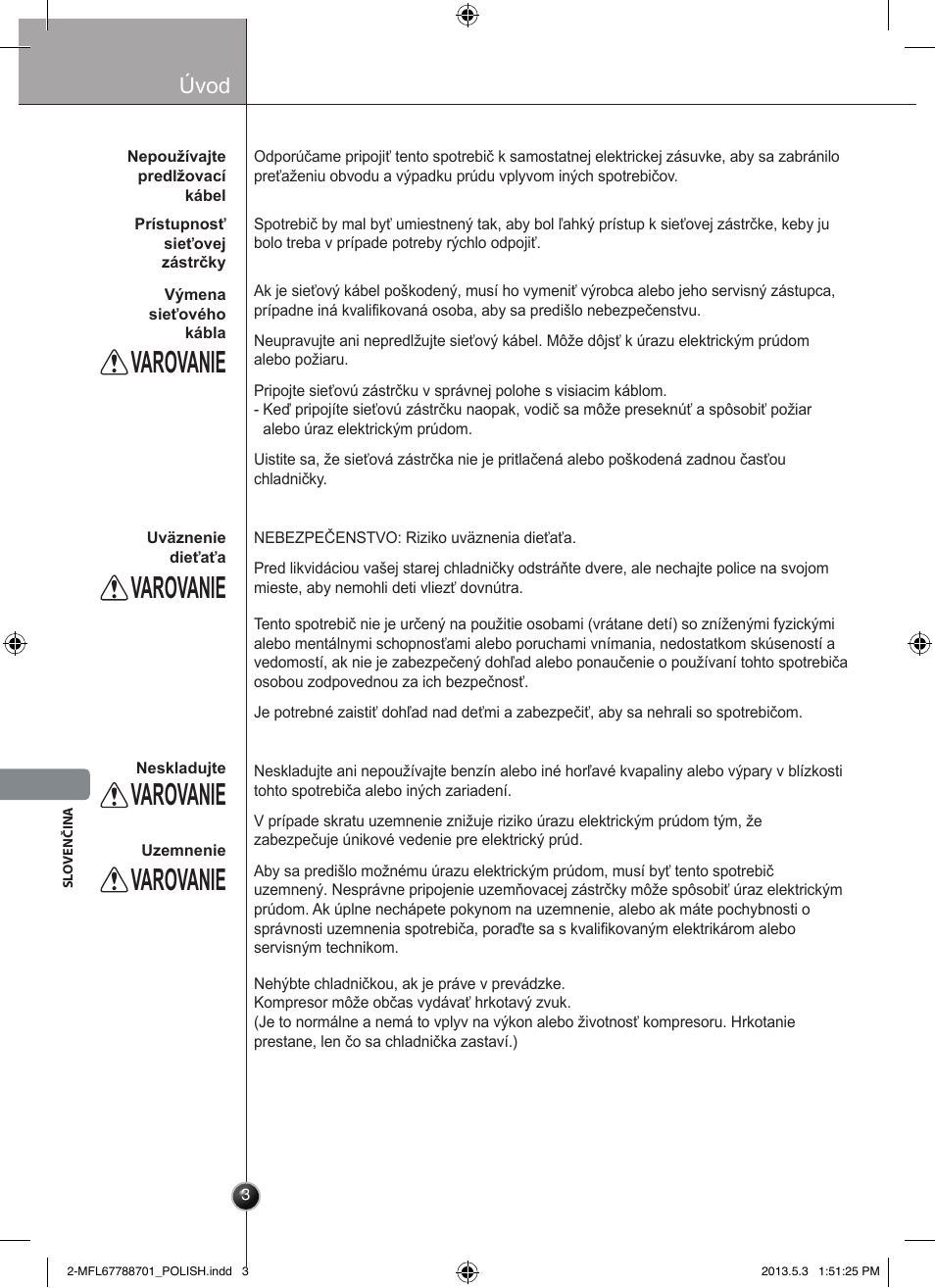 Ostrzeżenie, Varovanie, Úvod | LG GSL545NSQV User Manual | Page 200 / 324