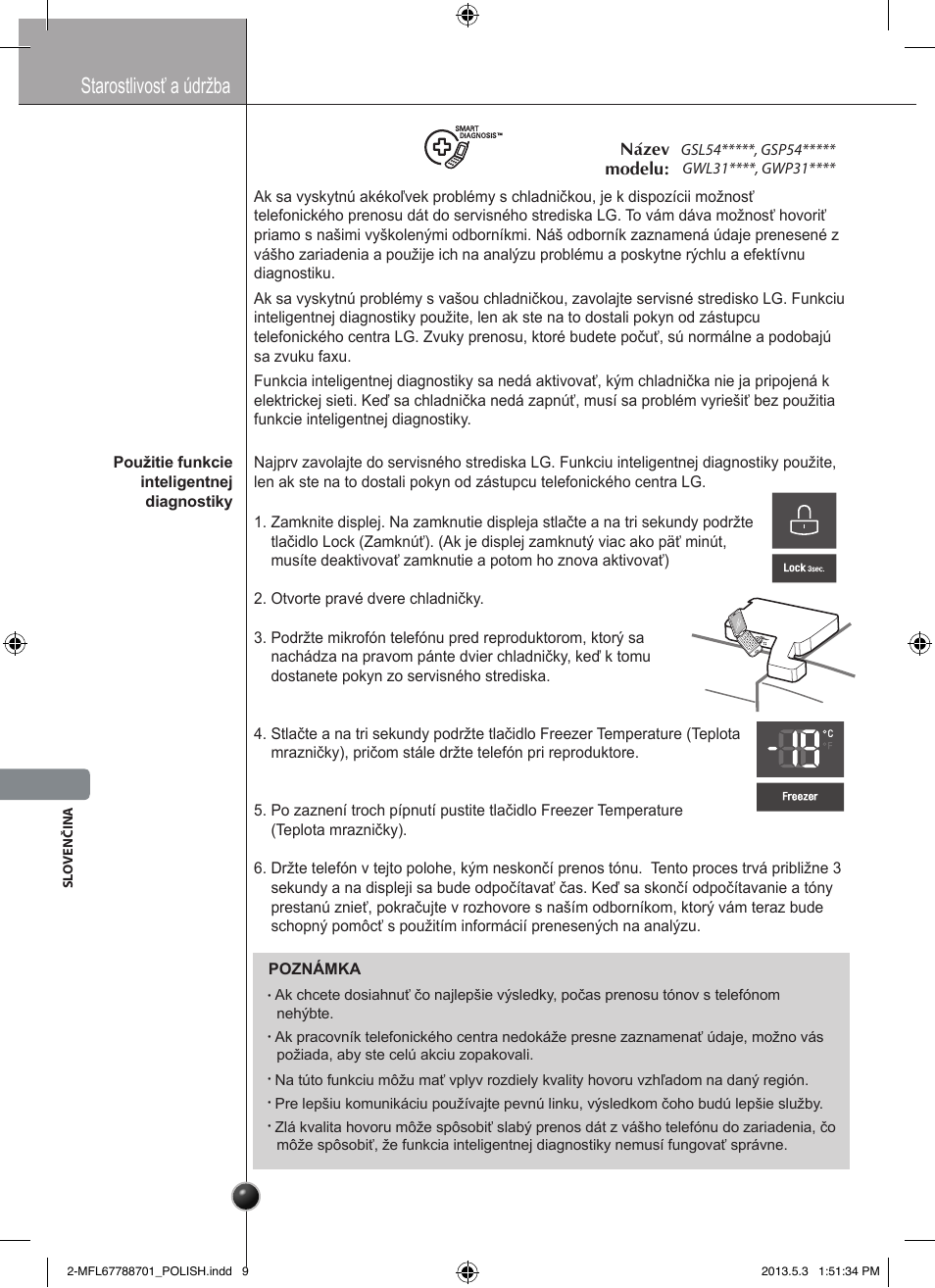 Ostrożnie, Inteligentná diagnostika, Starostlivosť a údržba | LG GSL545NSQV User Manual | Page 208 / 324