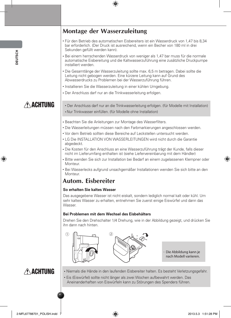 Achtung, Montage der wasserzuleitung, Autom. eisbereiter | Montage, De ut | LG GSL545NSQV User Manual | Page 22 / 324