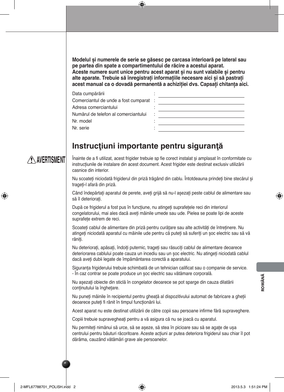 Avertisment, Înregistrare, Instrucţiuni importante pentru siguranţă | Introducere | LG GSL545NSQV User Manual | Page 227 / 324