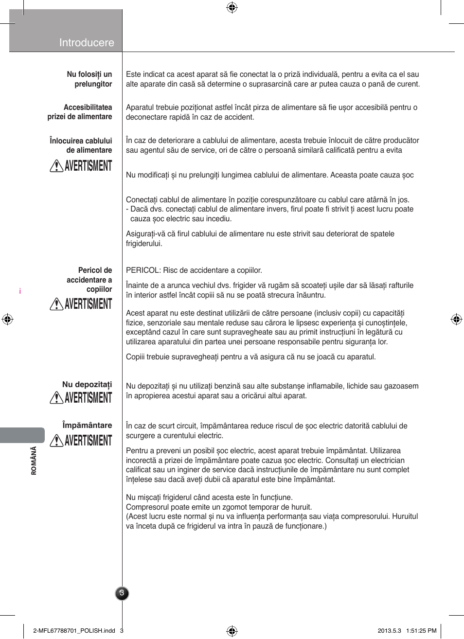 Ostrzeżenie, Avertisment, Introducere | LG GSL545NSQV User Manual | Page 228 / 324