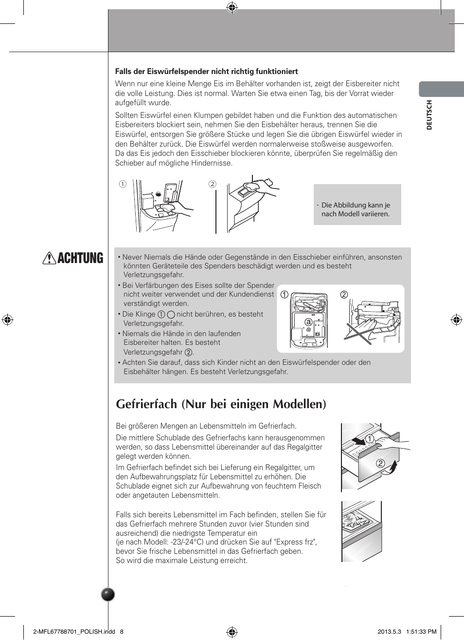 Achtung, Gefrierfach (nur bei einigen modellen), Betrieb | LG GSL545NSQV User Manual | Page 23 / 324