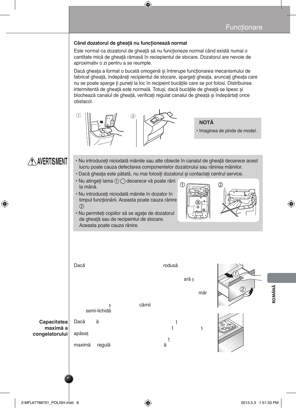 Avertisment, Compartiment congelare (numai la anumite modele), Funcționare | LG GSL545NSQV User Manual | Page 233 / 324