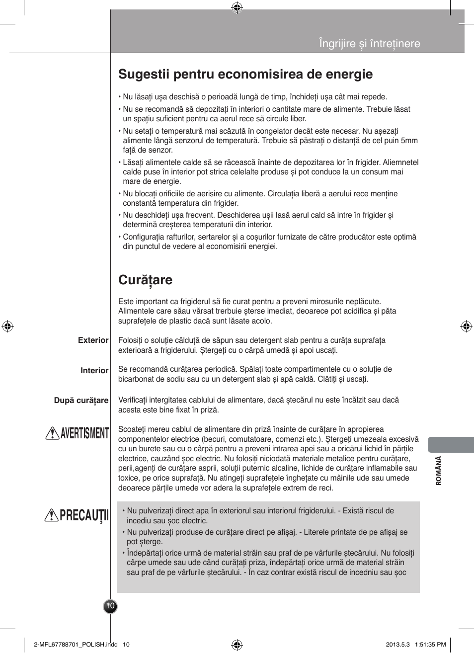 Avertisment, Precauţii, Curățare | Sugestii pentru economisirea de energie, Îngrijire și întreținere | LG GSL545NSQV User Manual | Page 235 / 324