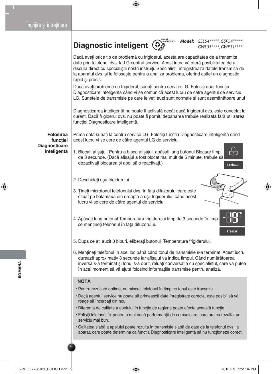 Ostrożnie, Diagnostic inteligent, Îngrijire și întreținere | LG GSL545NSQV User Manual | Page 236 / 324