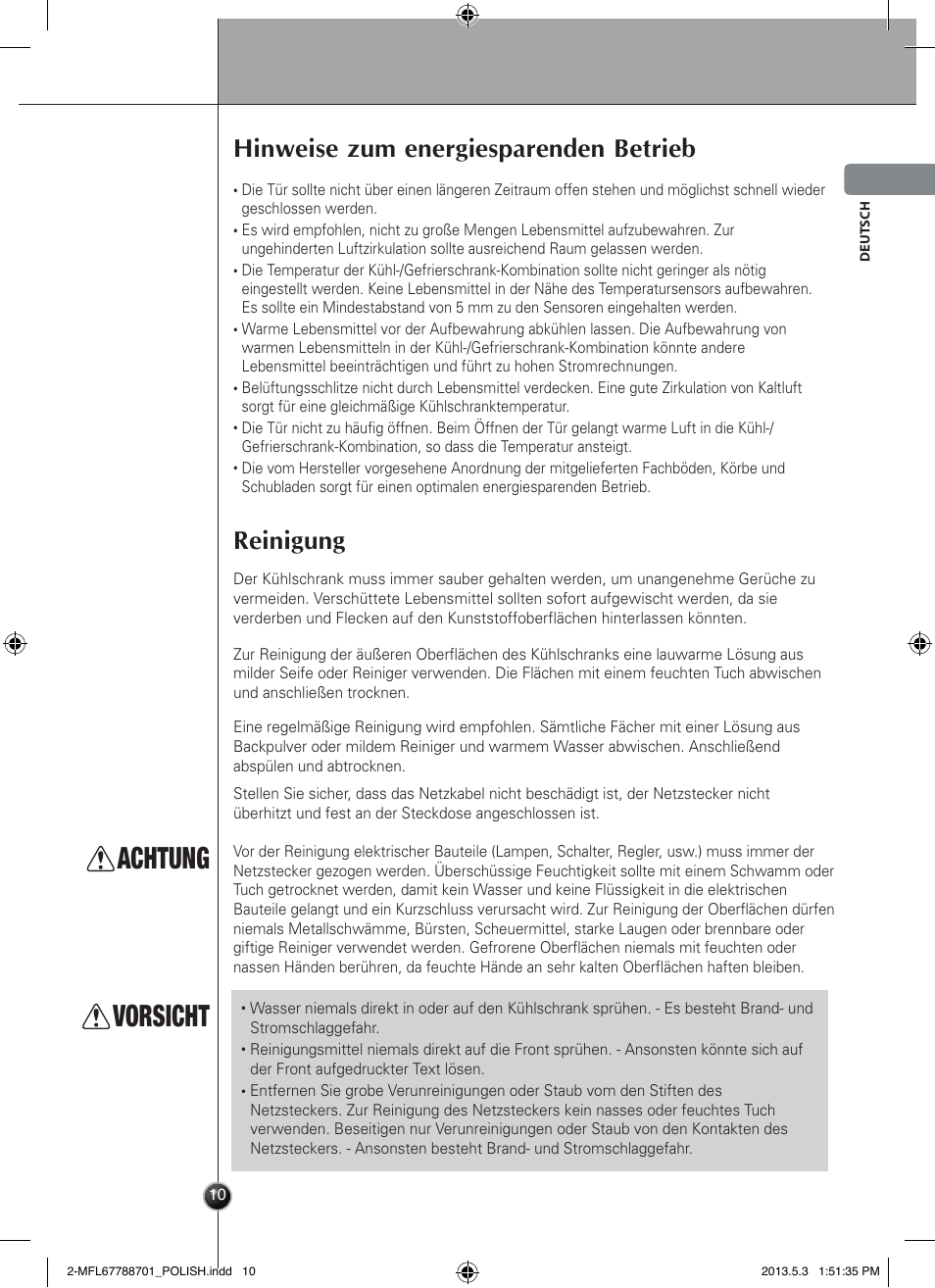 Achtung, Vorsicht, Reinigung | Hinweise zum energiesparenden betrieb, Wartung und pflege | LG GSL545NSQV User Manual | Page 25 / 324