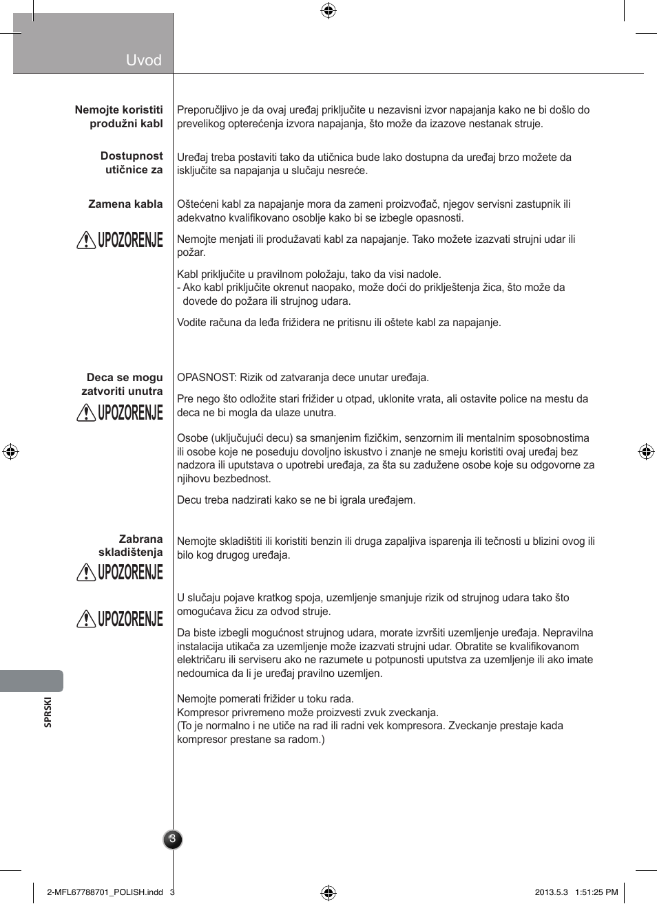 Ostrzeżenie, Upozorenje, Uvod | LG GSL545NSQV User Manual | Page 256 / 324