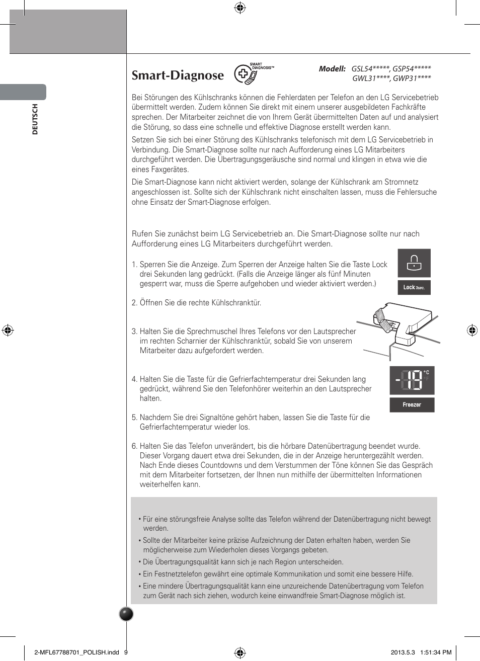 Ostrożnie, Smart-diagnose, Wartung und pflege | LG GSL545NSQV User Manual | Page 26 / 324