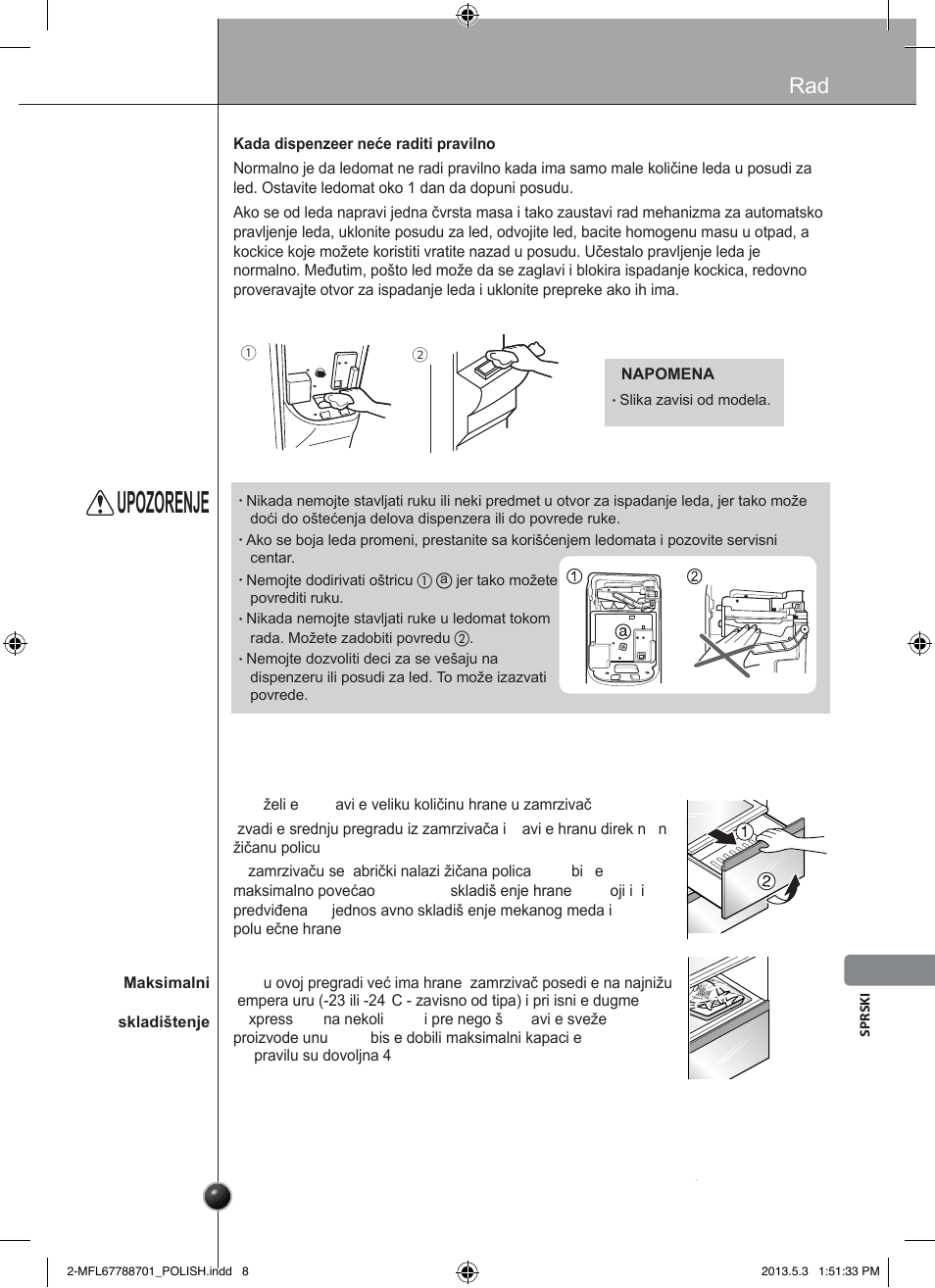 Upozorenje, Pregrada za zamrzavanje (samo kod nekih modela) | LG GSL545NSQV User Manual | Page 261 / 324