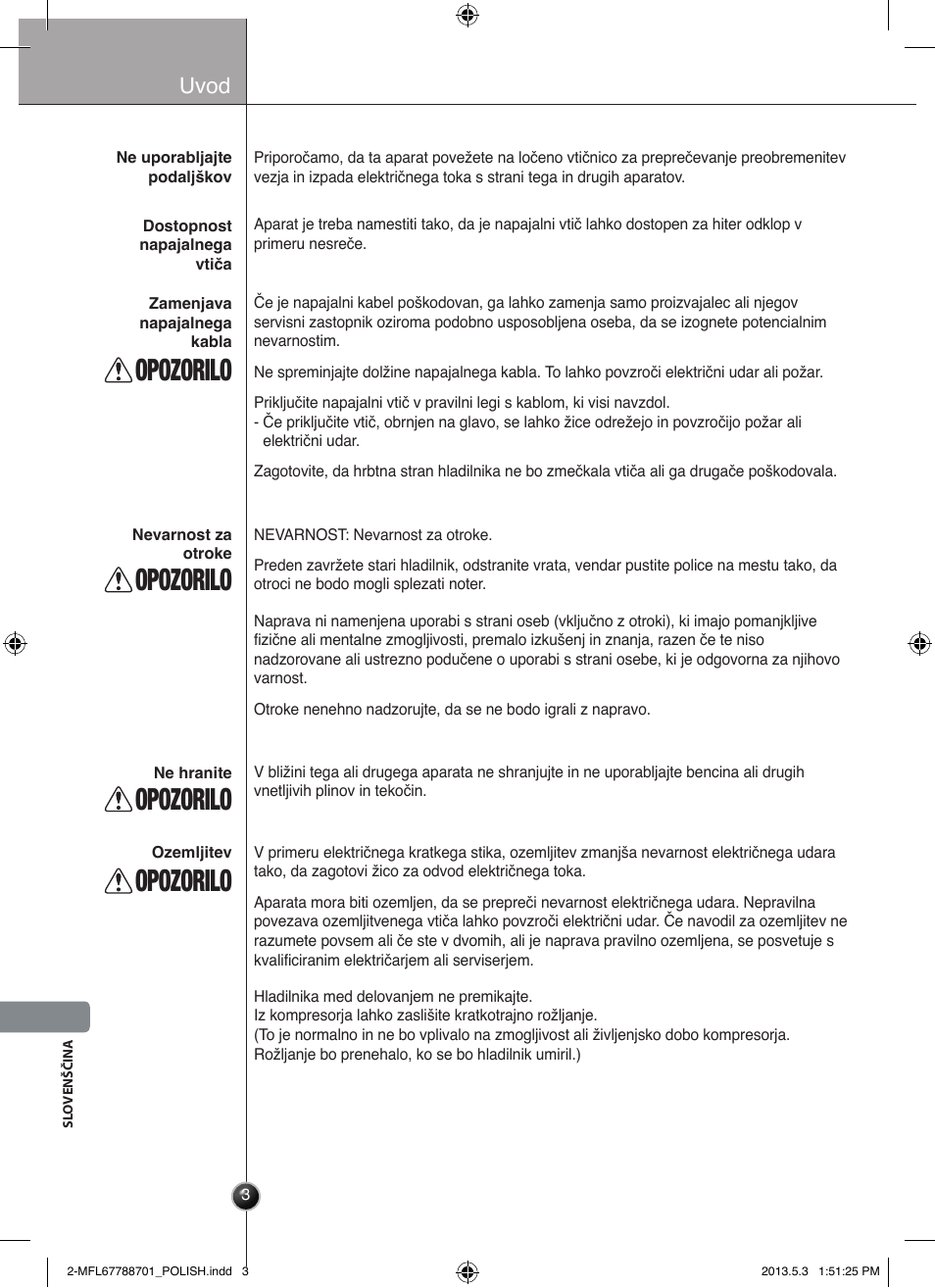 Ostrzeżenie, Opozorilo, Uvod | LG GSL545NSQV User Manual | Page 270 / 324