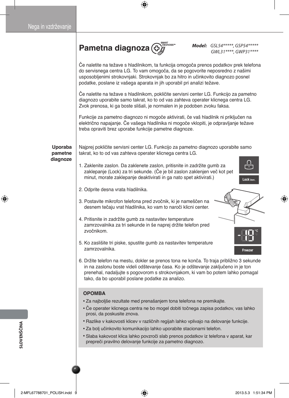 Ostrożnie, Pametna diagnoza, Nega in vzdrževanje | LG GSL545NSQV User Manual | Page 278 / 324