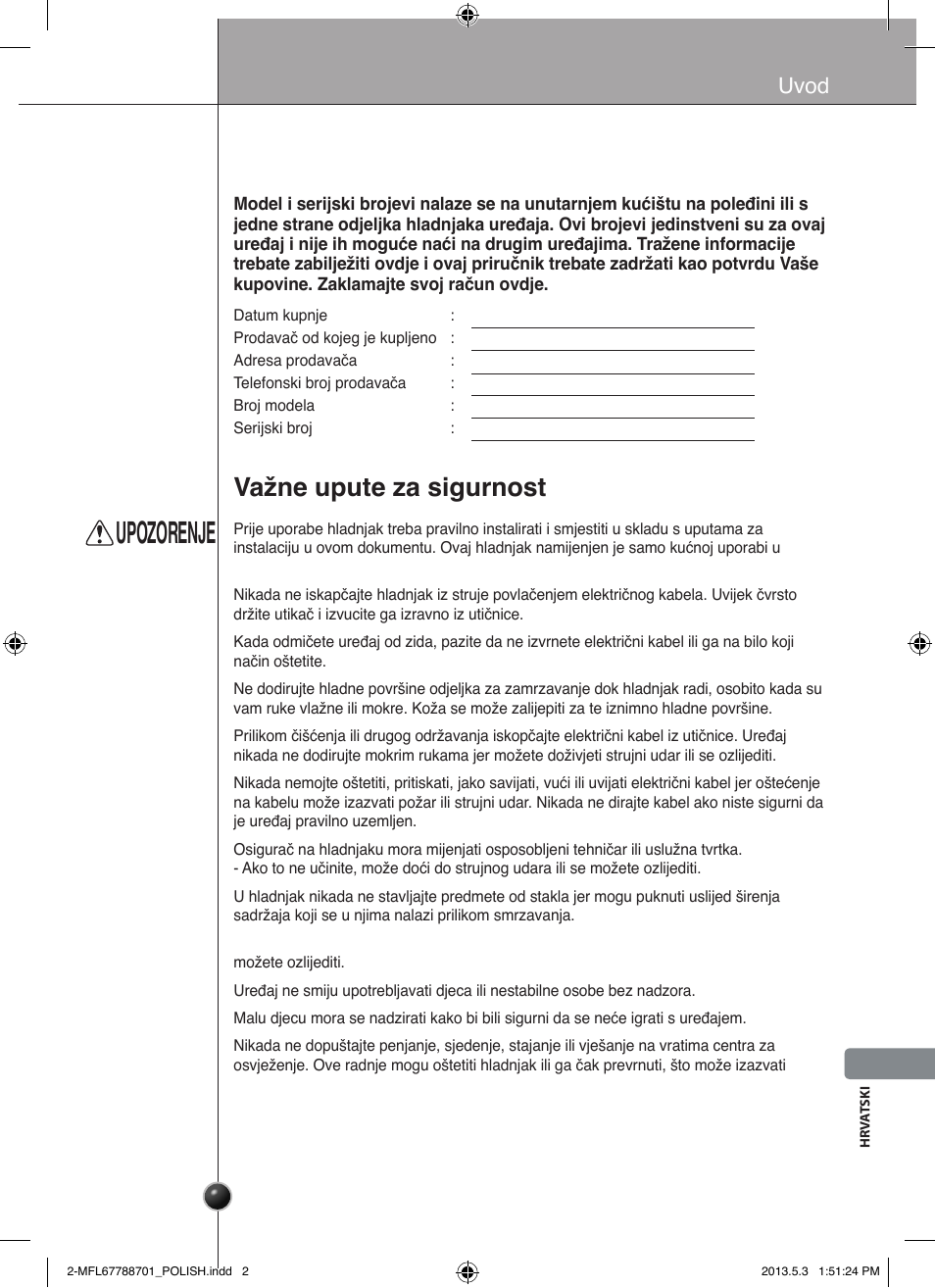 Upozorenje, Unos, Važne upute za sigurnost | Uvod | LG GSL545NSQV User Manual | Page 283 / 324