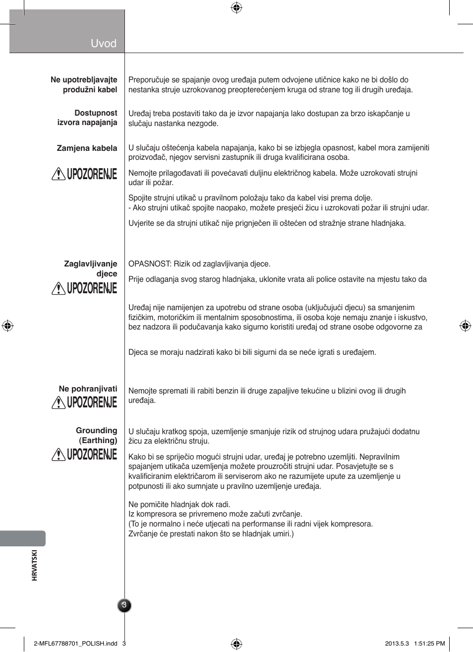 Ostrzeżenie, Upozorenje, Uvod | LG GSL545NSQV User Manual | Page 284 / 324