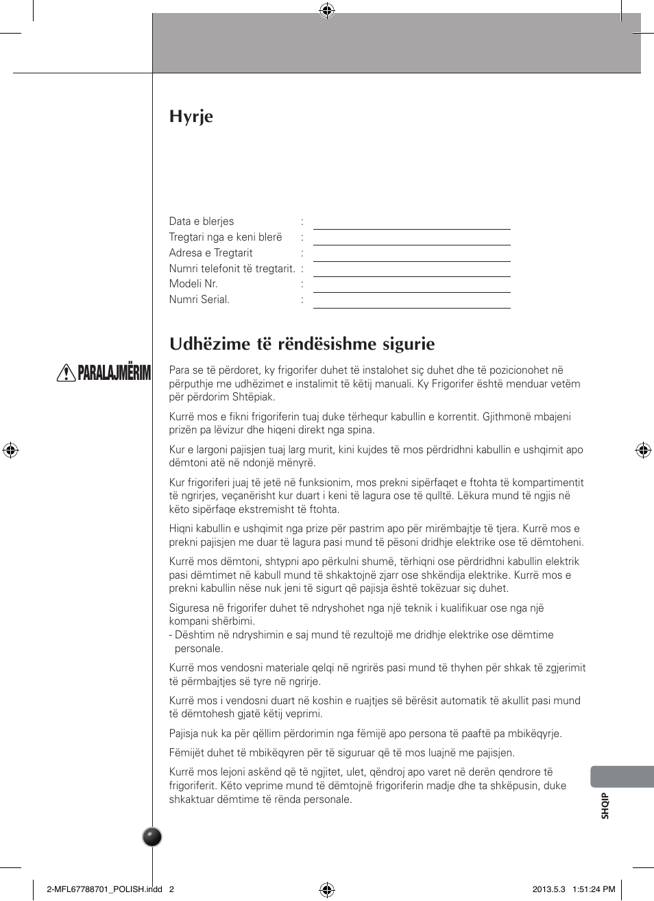 Paralajmërim, Hyrje, Udhëzime të rëndësishme sigurie | Prezantimi | LG GSL545NSQV User Manual | Page 297 / 324