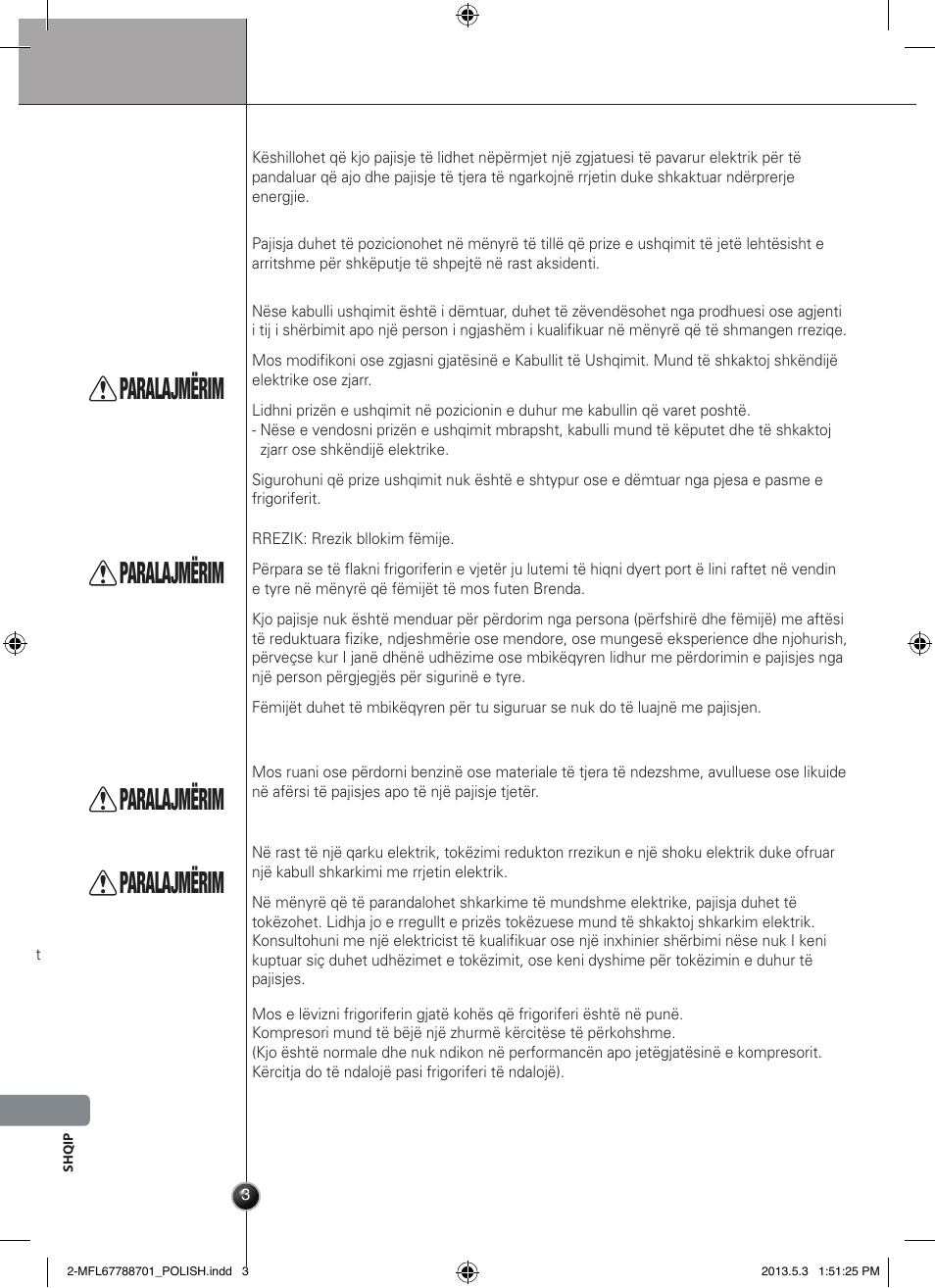 Ostrzeżenie, Paralajmërim, Prezantimi | LG GSL545NSQV User Manual | Page 298 / 324