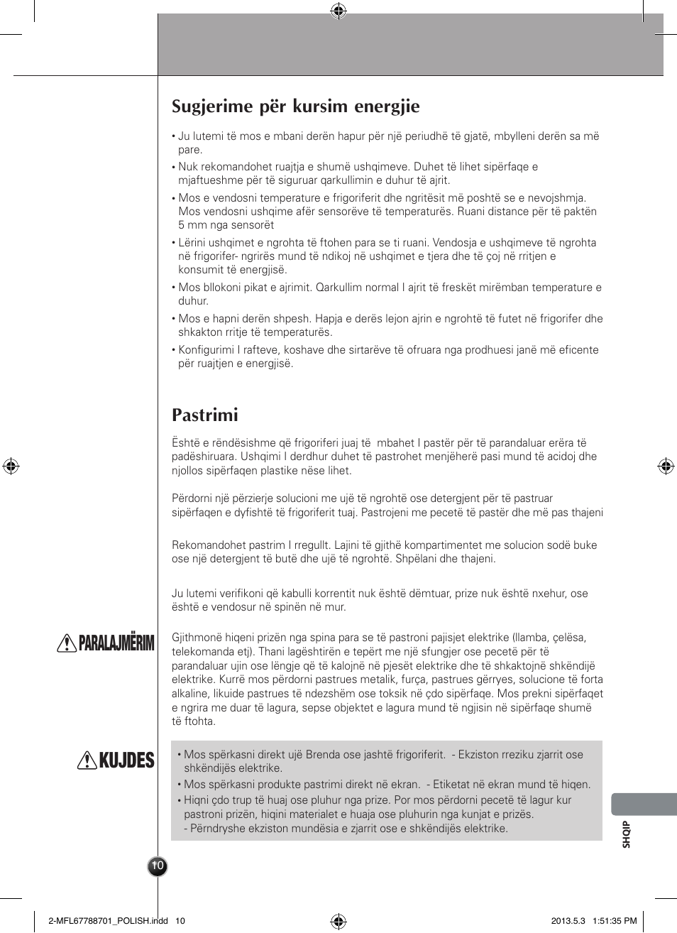 Paralajmërim, Kujdes, Sugjerime për kursim energjie | Pastrimi, Kujdesi dhe mirëmbajtja | LG GSL545NSQV User Manual | Page 305 / 324