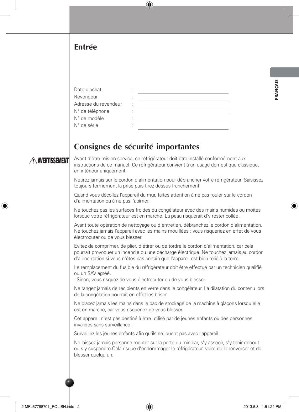 Entrée, Consignes de sécurité importantes, Avertissement | Introduction | LG GSL545NSQV User Manual | Page 31 / 324
