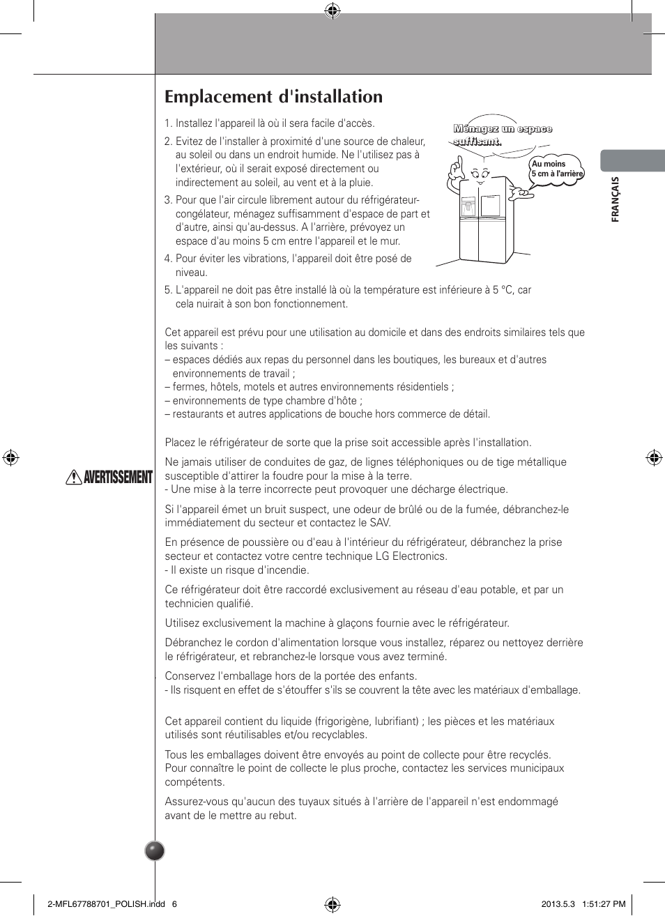 Emplacement d'installation, Avertissement, Installation | LG GSL545NSQV User Manual | Page 35 / 324