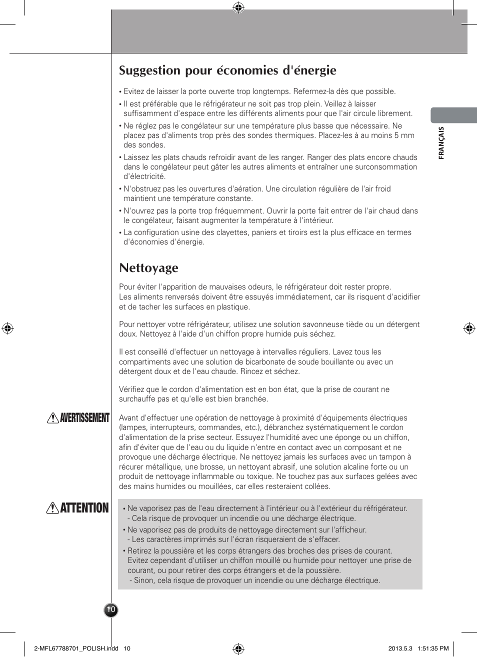 Attention, Suggestion pour économies d'énergie, Nettoyage | Avertissement, Entretien et maintenance | LG GSL545NSQV User Manual | Page 39 / 324