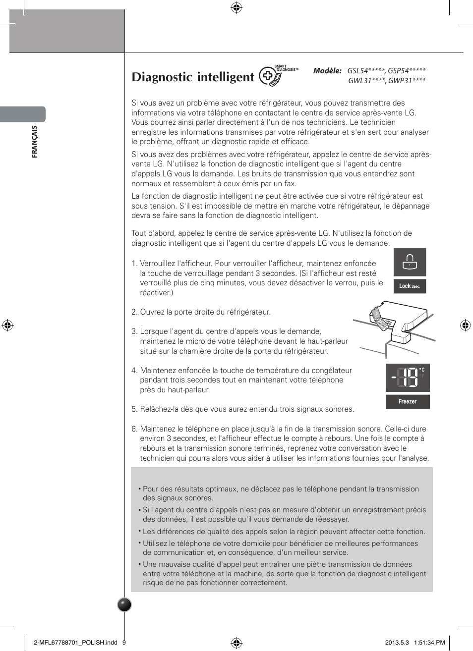 Ostrożnie, Diagnostic intelligent, Entretien et maintenance | LG GSL545NSQV User Manual | Page 40 / 324