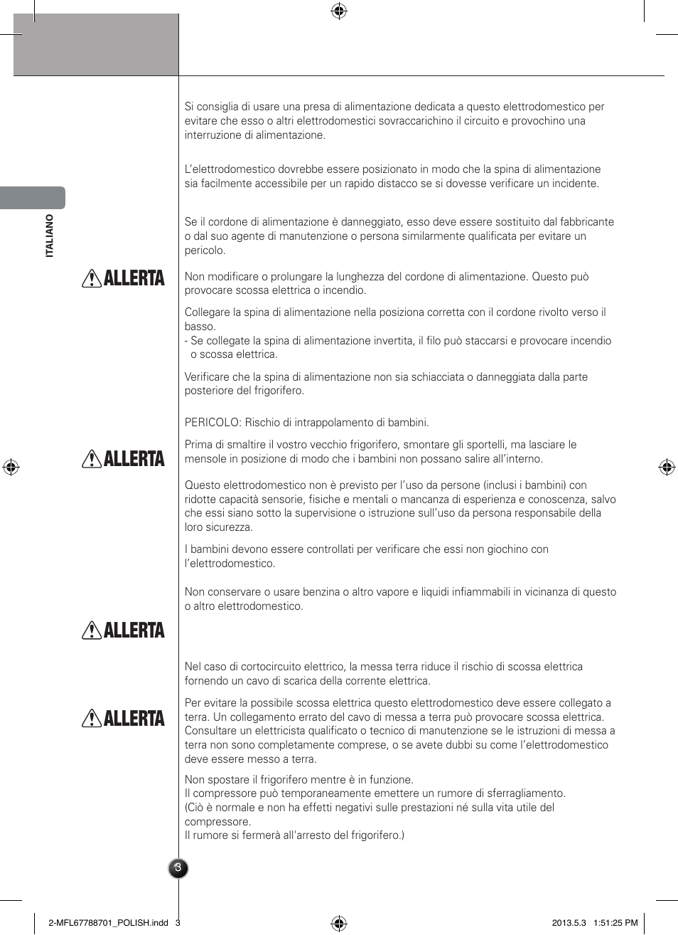 Ostrzeżenie, Allerta, Introduzione | LG GSL545NSQV User Manual | Page 46 / 324