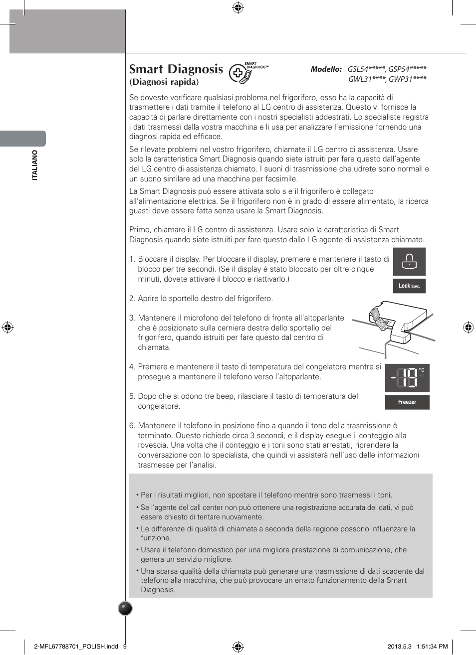 Ostrożnie, Smart diagnosis, Cura e manutenzione | LG GSL545NSQV User Manual | Page 54 / 324