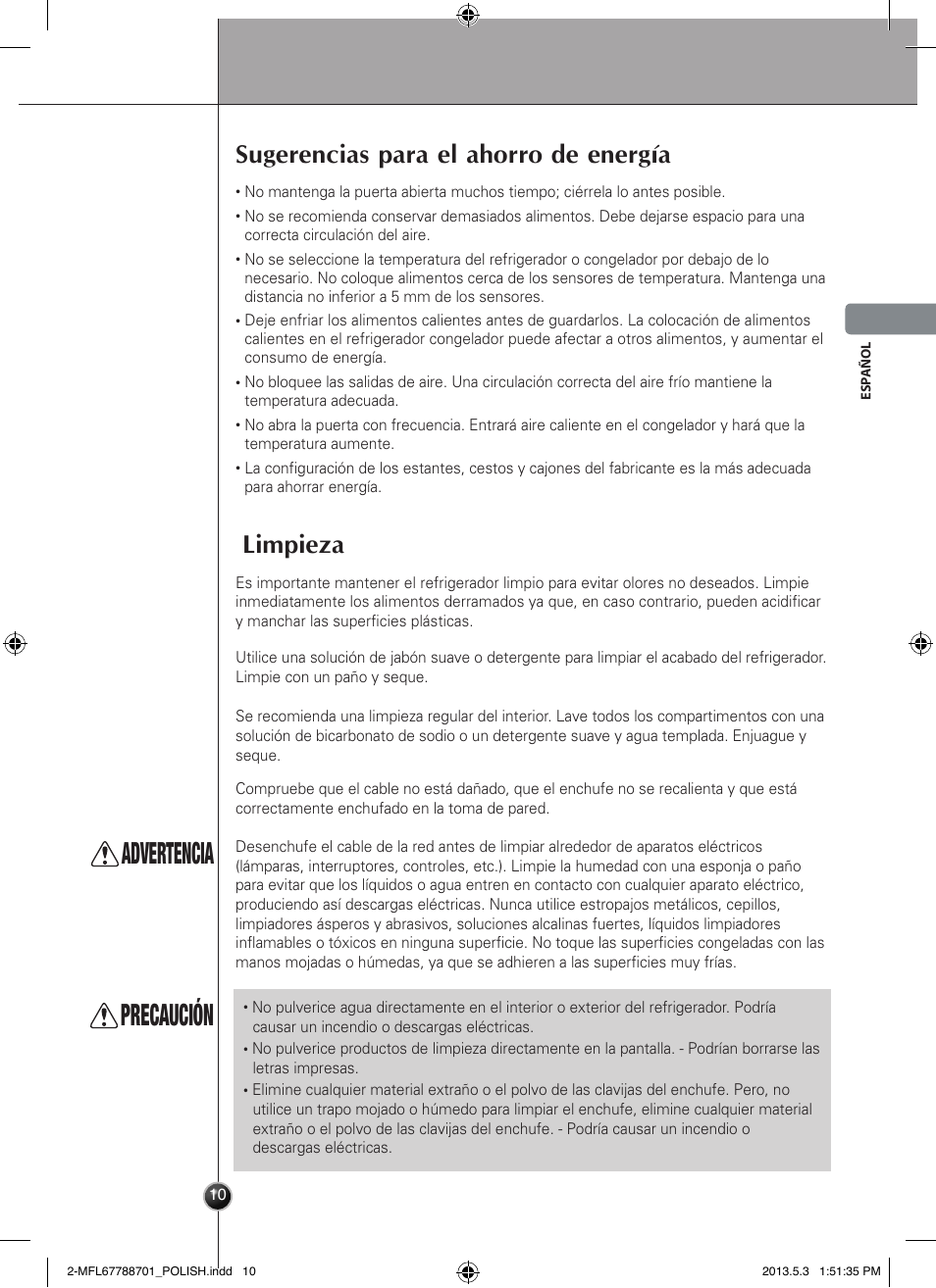 Advertencia, Precaución, Limpieza | Sugerencias para el ahorro de energía, Cuidados y mantenimiento | LG GSL545NSQV User Manual | Page 67 / 324