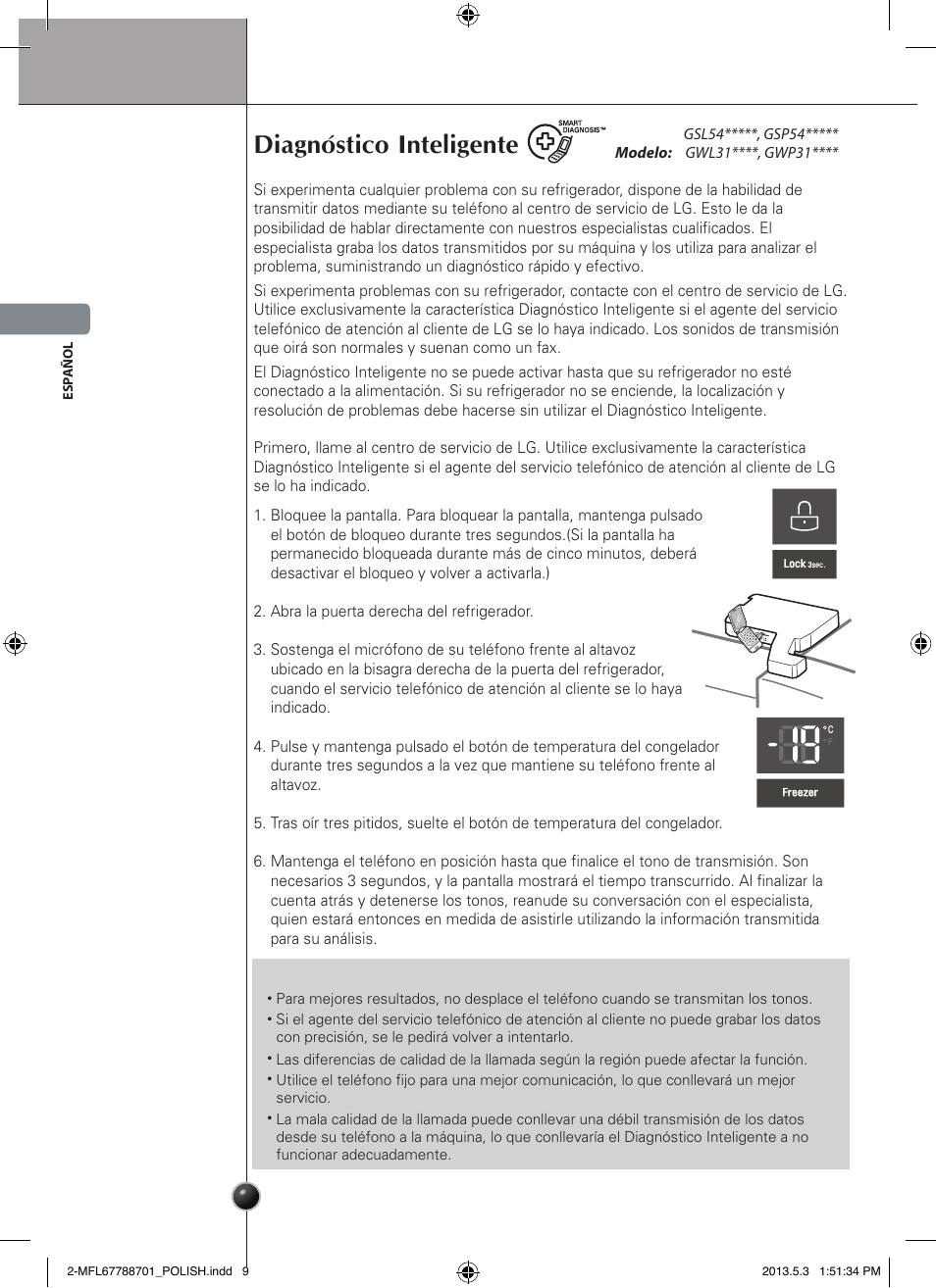 Ostrożnie, Diagnóstico inteligente, Cuidados y mantenimiento | LG GSL545NSQV User Manual | Page 68 / 324