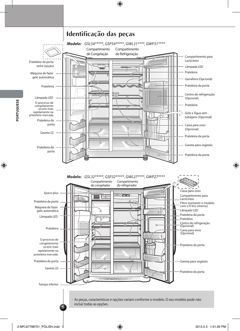 Identificação das peças, Introdução | LG GSL545NSQV User Manual | Page 76 / 324