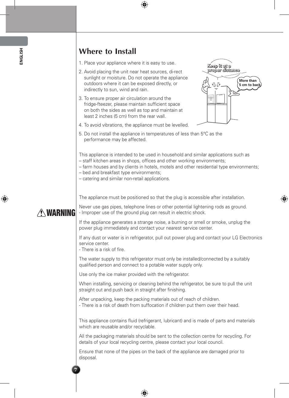 Warning, Where to install, Installation | LG GSL545NSQV User Manual | Page 8 / 324