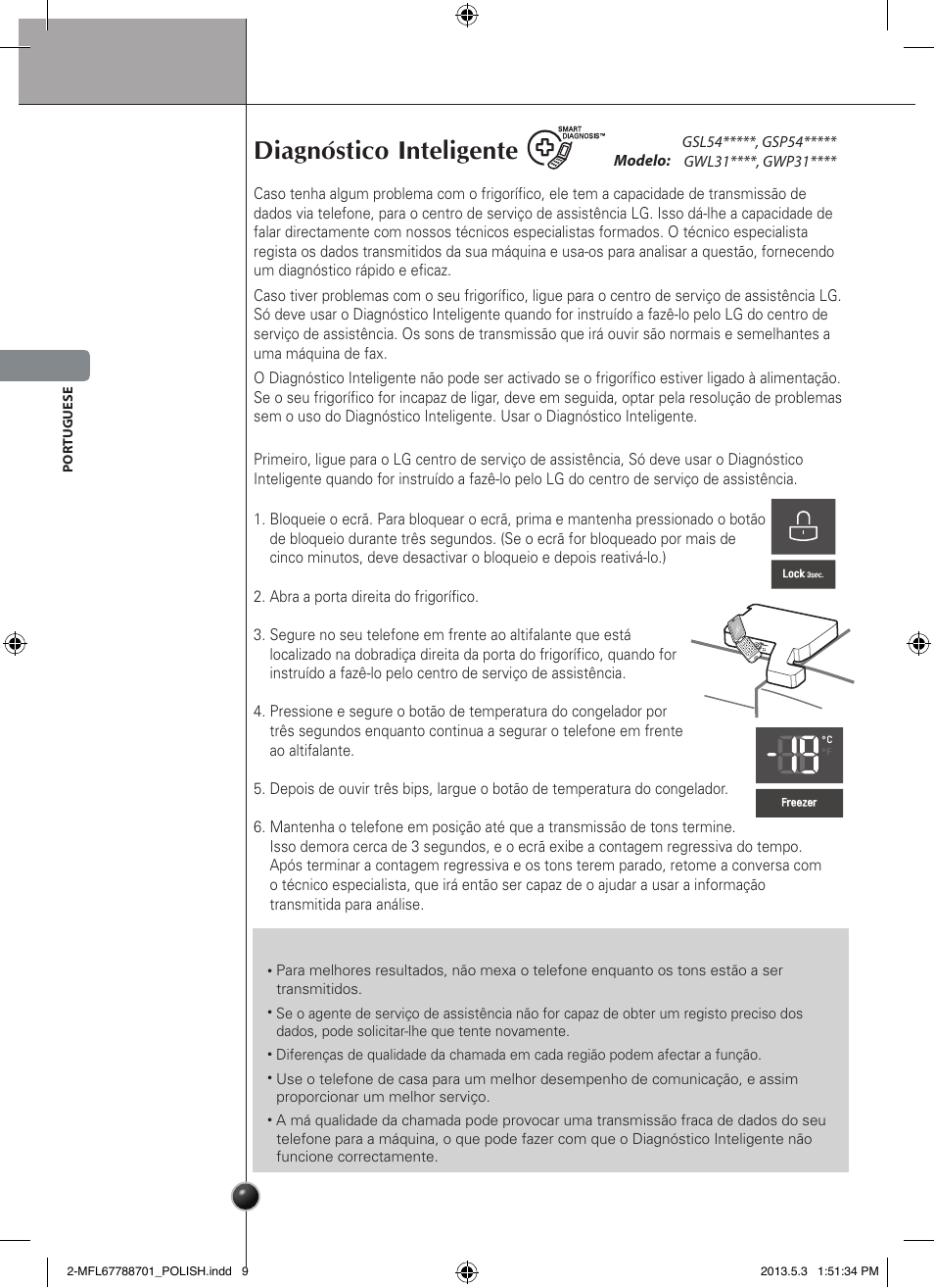 Ostrożnie, Diagnóstico inteligente, Cuidados e manutenção | LG GSL545NSQV User Manual | Page 82 / 324