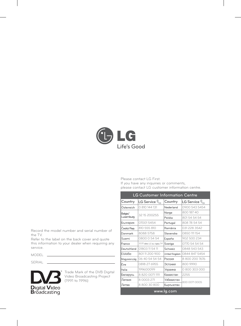 Customer information centre | LG 32LM3400 User Manual | Page 436 / 436
