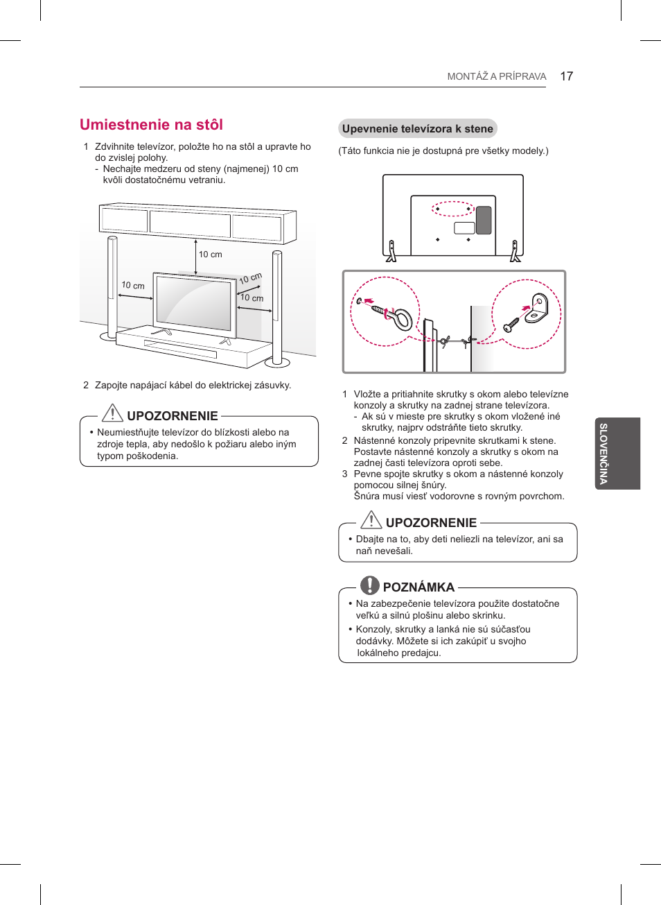 Umiestnenie na stôl, Upozornenie, Poznámka | LG 32LB550U User Manual | Page 156 / 483