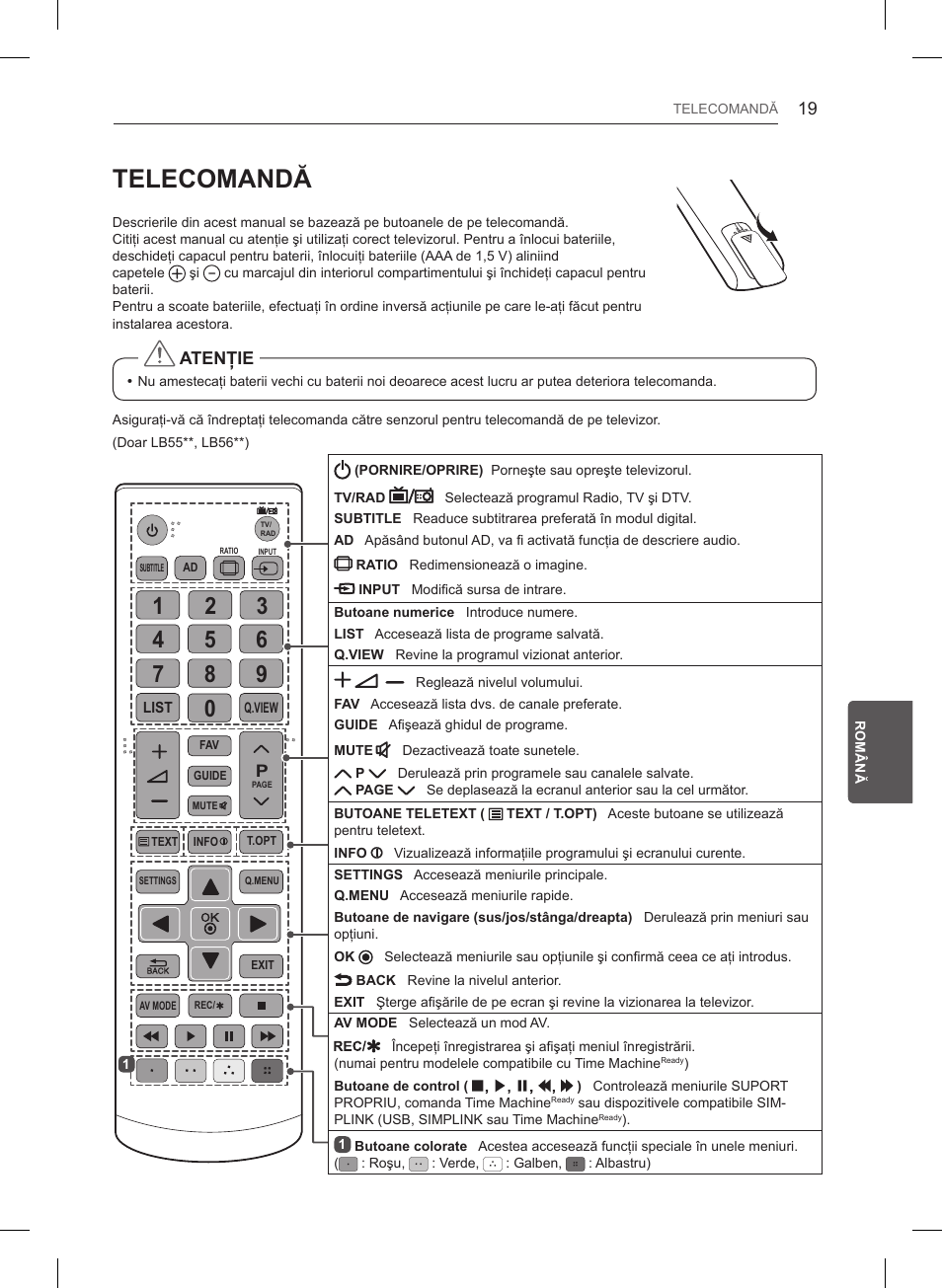 Telecomandă, Atenţie | LG 32LB550U User Manual | Page 186 / 483