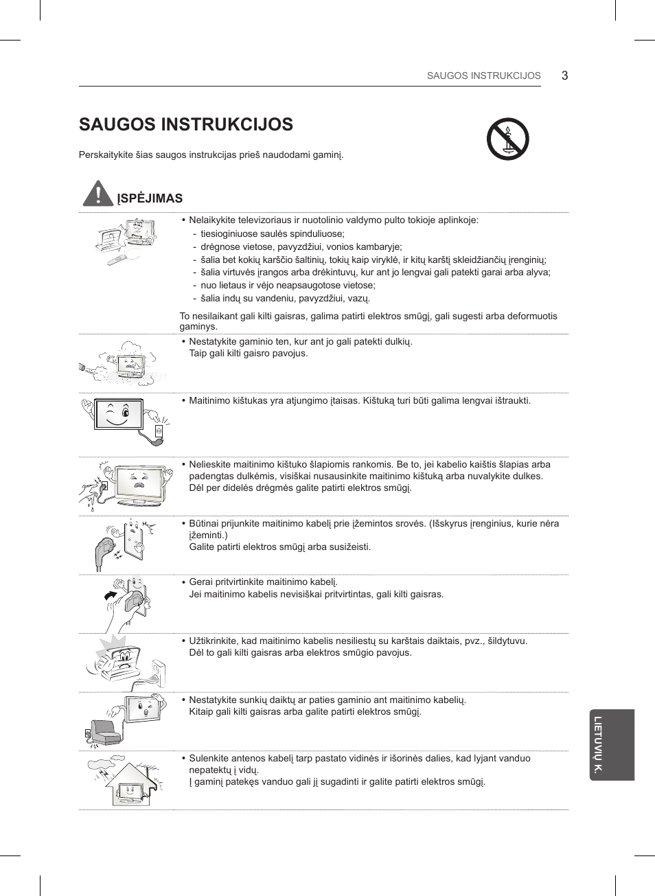 Saugos instrukcijos, Įspėjimas | LG 32LB550U User Manual | Page 254 / 483