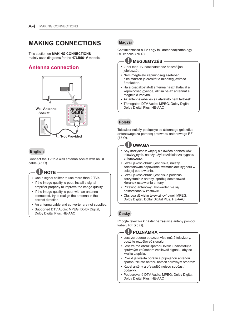 Making connections, Antenna connection, Megjegyzés | Uwaga, Poznámka | LG 32LB550U User Manual | Page 7 / 483