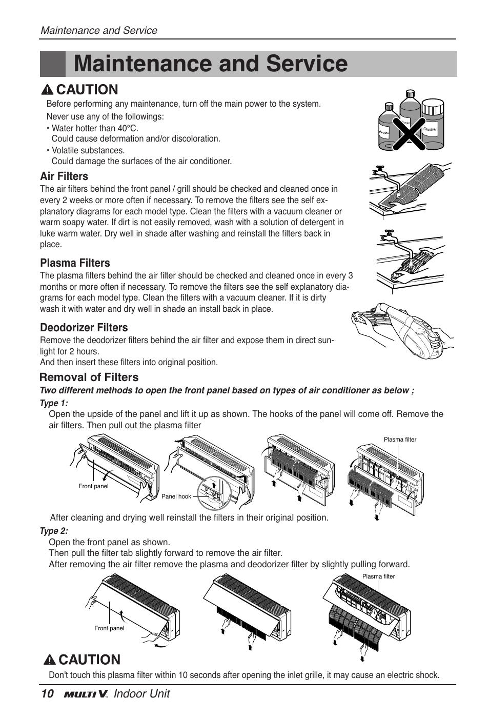 Maintenance and service, 10 indoor unit, Air filters | Plasma filters, Deodorizer filters, Removal of filters | LG ARNU15GSER2 User Manual | Page 10 / 205