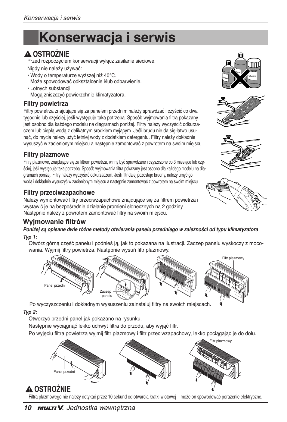 Konserwacja i serwis, 10 jednostka wewnętrzna, Filtry powietrza | Filtry plazmowe, Filtry przeciwzapachowe, Wyjmowanie filtrów | LG ARNU15GSER2 User Manual | Page 106 / 205