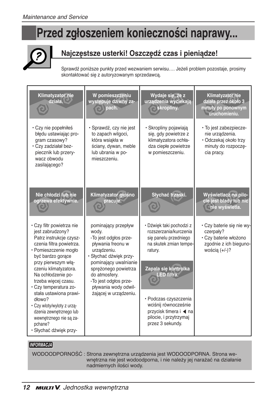 Przed zgłoszeniem konieczności naprawy, Najczęstsze usterki! oszczędź czas i pieniądze, 12 jednostka wewnętrzna | LG ARNU15GSER2 User Manual | Page 108 / 205