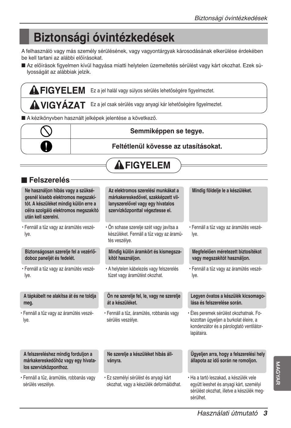 Biztonsági óvintézkedések, N felszerelés, Használati útmutató 3 | LG ARNU15GSER2 User Manual | Page 111 / 205