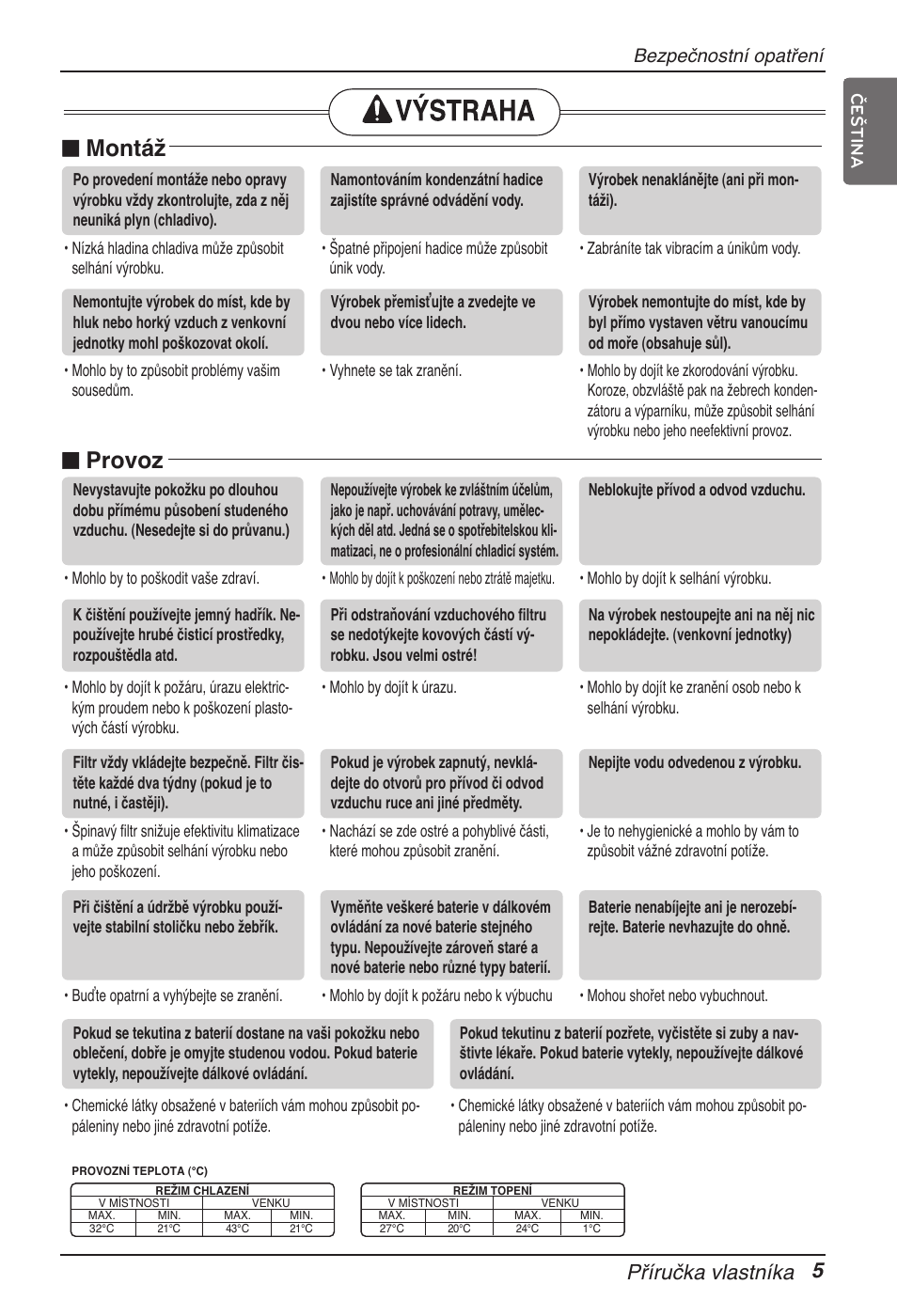 N provoz, N montáž, Příručka vlastníka 5 | Bezpečnostní opatření | LG ARNU15GSER2 User Manual | Page 125 / 205